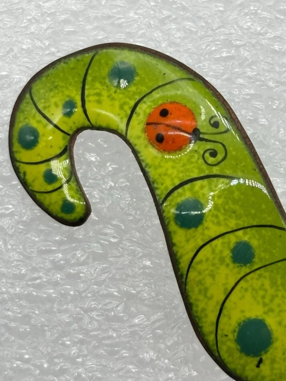 Vintage Nanci Caterpillar With Ladybug Brooch Enameled Copper Mid Century Signed